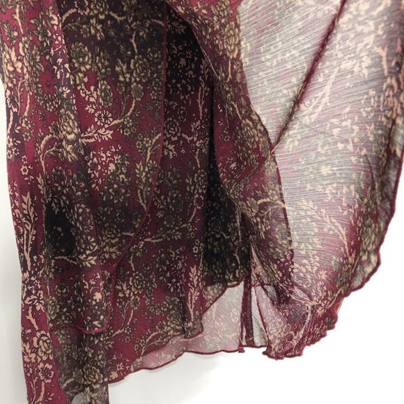 Burgundy Floral Chiffon flowy tunic scoop neck Short Sleeve Blouse size ~M - Picture 5 of 14